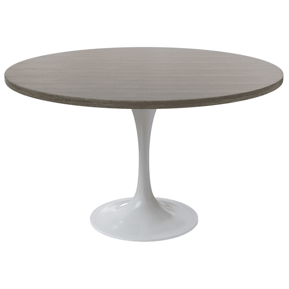 LeisureMod Verve Mid-Century Modern 48" Round Dining Table with MDF Top and White Steel Pedestal Base for Dining Room and Kitchen, Dark Maple