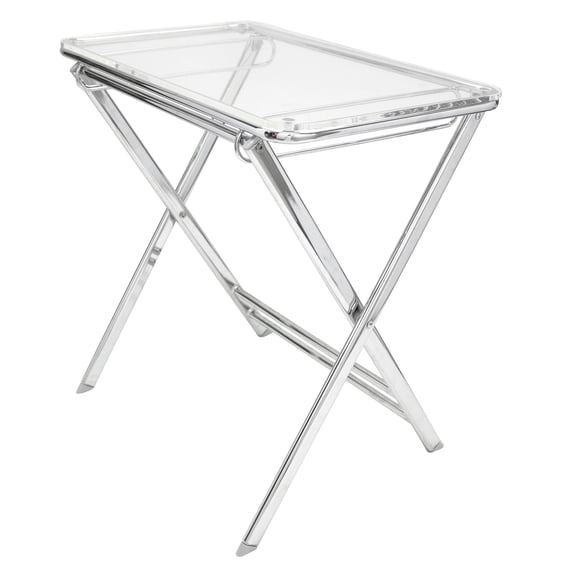 LeisureMod Victorian Modern Folding Side Table, Acrylic Tray with Chrome Legs, Accent Sofa End Table - Clear