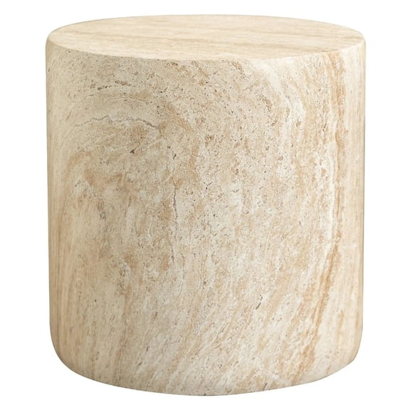 LeisureMod Vintara Collection Round Side Table, Modern Drum Accent Table for Living Room, Bedroom & Indoor/Outdoor Use, Travertine