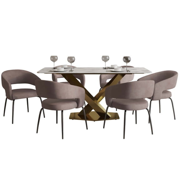 LeisureMod Voren 7-Piece Dining Set with 71-Inch Sintered Stone Tabletop, White Steel Base, and Gavin Upholstered Open-Back Chairs, Modern Dining Room Furniture in Taupe