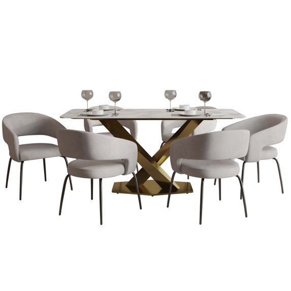 LeisureMod Voren 7-Piece Dining Set with 71-Inch Sintered Stone Tabletop, White Steel Base, and Gavin Upholstered Open-Back Chairs, Modern Dining Room Furniture in Beige