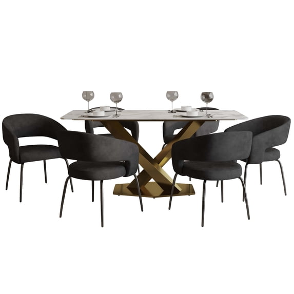 LeisureMod Voren 7-Piece Dining Set with 71-Inch Sintered Stone Tabletop, White Steel Base, and Gavin Upholstered Open-Back Chairs, Modern Dining Room Furniture in Charcoal