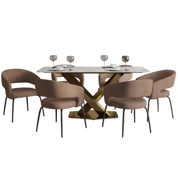 LeisureMod Voren 7-Piece Dining Set with 71-Inch Sintered Stone Tabletop, White Steel Base, and Gavin Upholstered Open-Back Chairs, Modern Dining Room Furniture in Light Brown