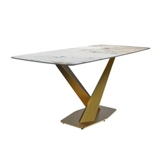 LeisureMod Voren Mid-Century Modern Dining Table with a 55" Sintered Stone Rectangular Tabletop in Gold Stainless Steel Base for Kitchen and Dining Room, White Grey