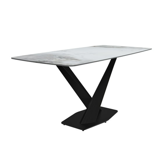 LeisureMod Voren Modern Dining Table with 55" Rectangular Sintered Stone or Glass Wide Tabletop and Black Steel Legs for Home, Kitchen, Dining or Conference Room in Deep Grey