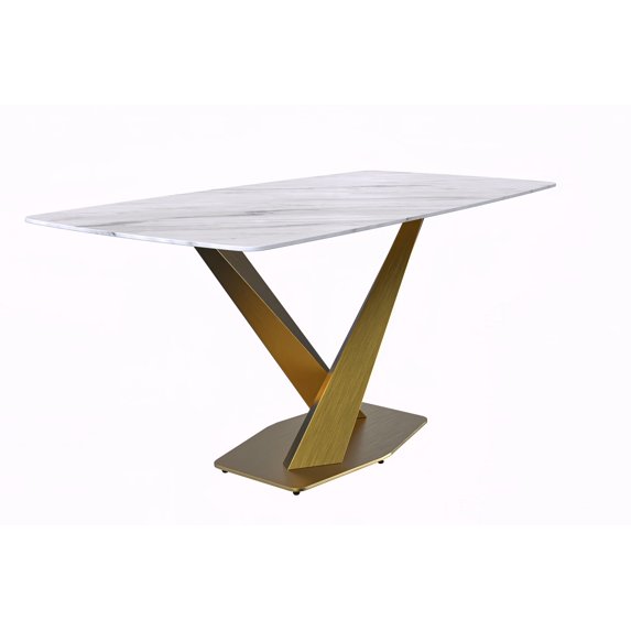 LeisureMod Voren Modern Dining Table with 62" Rectangular Sintered Stone or Glass Wide Tabletop and Steel Legs for Home, Kitchen, Dining or Conference Room in White