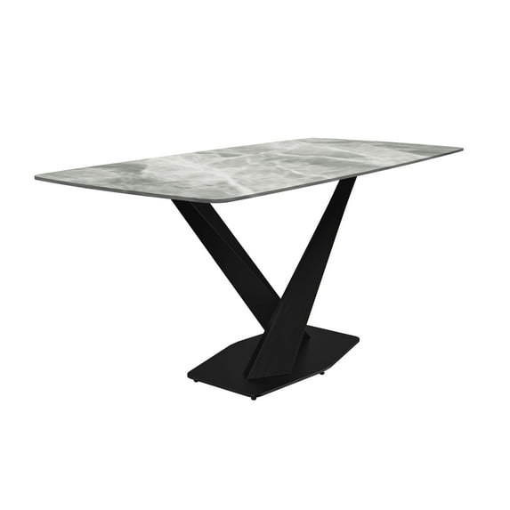 LeisureMod Voren Modern Dining Table with 71" Rectangular Sintered Stone or Glass Wide Tabletop and Black Steel Legs for Home, Kitchen, Dining or Conference Room in Light Grey