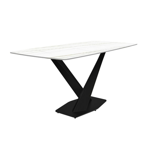 LeisureMod Voren Modern Dining Table with 71" Rectangular Sintered Stone or Glass Wide Tabletop and Black Steel Legs for Home, Kitchen, Dining or Conference Room in White/Gold