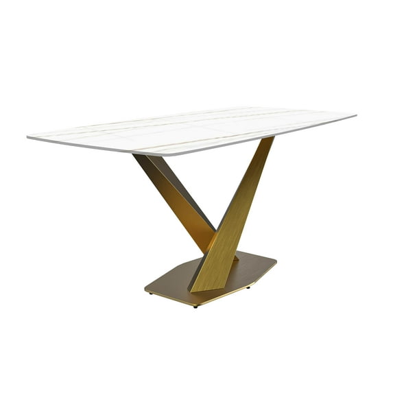 LeisureMod Voren Modern Dining Table with 71" Rectangular Sintered Stone or Glass Wide Tabletop and Steel Legs for Home, Kitchen, Dining or Conference Room in White/Gold