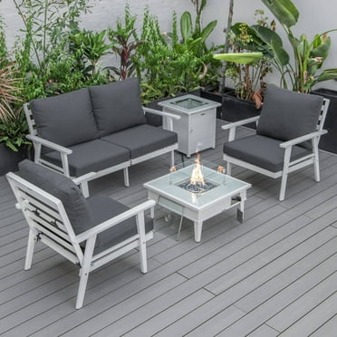 LeisureMod Walbrooke Modern Aluminum 5-Piece Patio Conversation Set with Outdoor Square Fire Pit Slats Design & Side Table Tank Holder, Charcoal