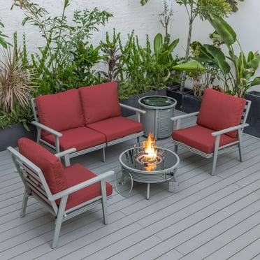 LeisureMod Walbrooke Modern Aluminum 5-Piece Patio Conversation Set with Outdoor Round Fire Pit Table with Slats Design & Side Table Tank Holder (Red)