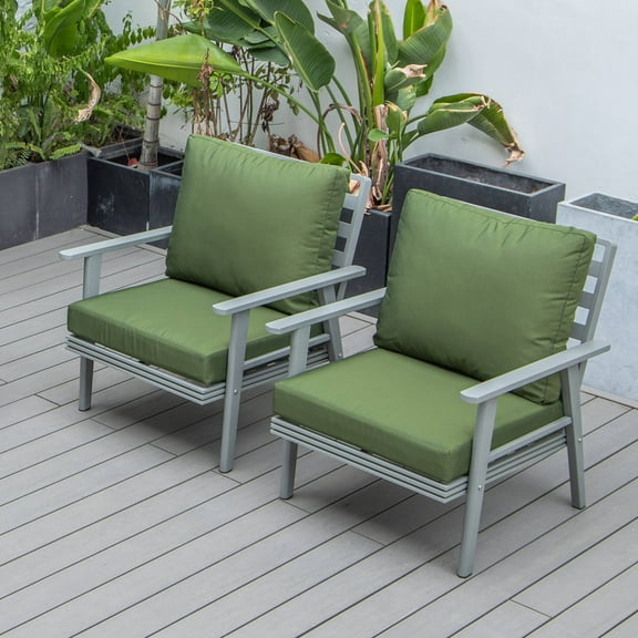 LeisureMod Walbrooke Mid-Century Modern Outdoor Armchair with Grey Powder Coated Aluminum Frame and Removable Cushions for Patio, Balcony, and Backyard, Set of 2, Green