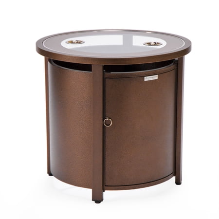 LeisureMod Walbrooke Mid-Century Modern Outdoor Patio Round Tank Holder Table with Tempered Glass Top and Powder Coated Aluminum Base for Patio and Backyard Garden (Brown)