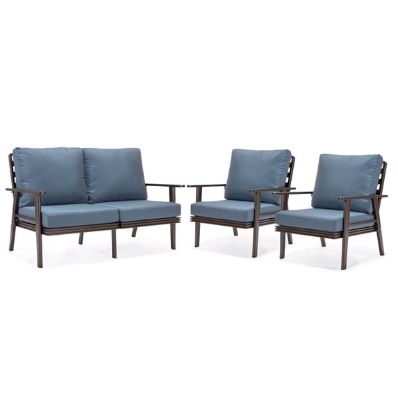 LeisureMod Walbrooke Modern 3-Piece Outdoor Set with Brown Aluminum Frame and Removable Cushions Loveseat and Armchairs for Patio and Backyard Garden, Navy Blue