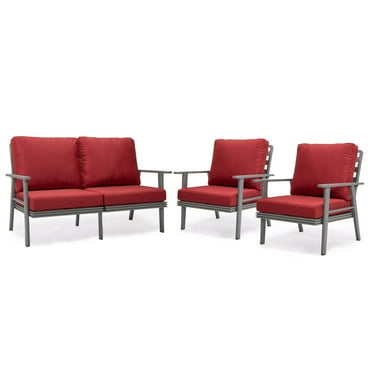 LeisureMod Walbrooke Modern 3-Piece Outdoor Patio Set with Grey Aluminum Frame and Removable Cushions Loveseat and Set of 2 Armchairs for Patio and Backyard Garden (Red)