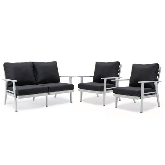 LeisureMod Walbrooke Modern 3-Piece Outdoor Set with White Aluminum Frame and Removable Cushions Loveseat and Armchairs for Patio and Backyard Garden, Charcoal