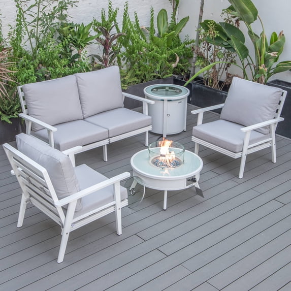 LeisureMod Walbrooke Modern Aluminum 5-Piece Patio Conversation Set with Outdoor Round Firepit Side Table Tank Holder, Light Grey