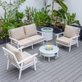 thumbnail image 1 of LeisureMod Walbrooke Modern Aluminum 5-Piece Patio Conversation Set with Outdoor Round Fire Pit Table with Slats Design & Side Table Tank Holder And Beige Cushions, 1 of 19