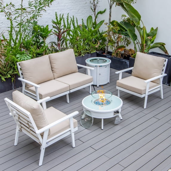 LeisureMod Walbrooke Modern Aluminum 5-Piece Patio Conversation Set with Outdoor Round Fire Pit Table with Slats Design & Side Table Tank Holder And Beige Cushions