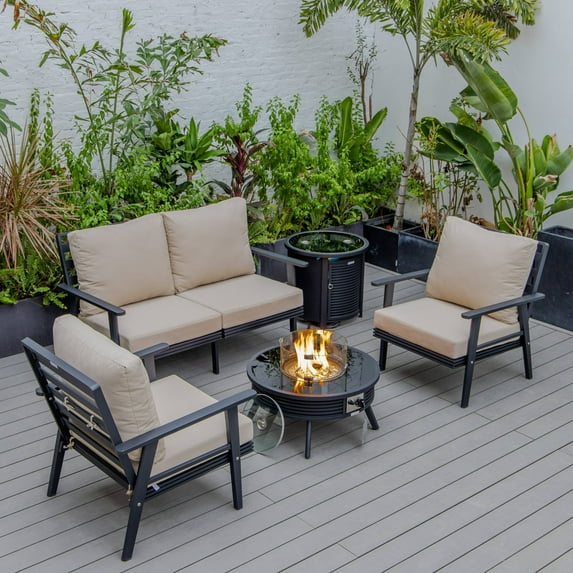 LeisureMod Walbrooke Modern Aluminum 5-Piece Patio Conversation Set with Outdoor Round Fire Pit Table with Slats Design & Side Table Tank Holder And Beige Cushions