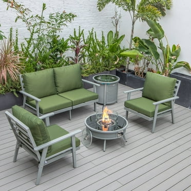 LeisureMod Walbrooke Modern Aluminum 5-Piece Patio Conversation Set with Outdoor Round Fire Pit Slats Design & Side Table Tank Holder, Green