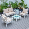 thumbnail image 1 of LeisureMod Walbrooke Modern Aluminum 5-Piece Patio Conversation Set with Outdoor Square Fire Pit Table with Slats Design & Side Table Tank Holder And Beige Cushions, 1 of 19