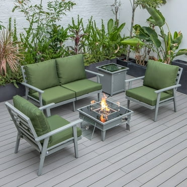 LeisureMod Walbrooke Modern Aluminum 5-Piece Patio Conversation Set with Outdoor Square Fire Pit Table with Slats Design & Side Table Tank Holder (Green)
