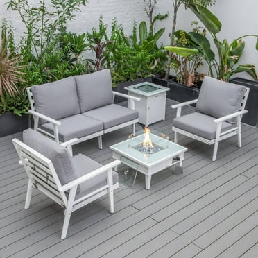 LeisureMod Walbrooke Modern Aluminum 5-Piece Patio Conversation Set with Outdoor Square Fire Pit Slats Design & Side Table Tank Holder, Grey
