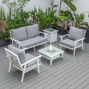 LeisureMod Walbrooke Modern Aluminum 5-Piece Patio Conversation Set with Outdoor Square Fire Pit Table with Slats Design & Side Table Tank Holder And Grey Cushions
