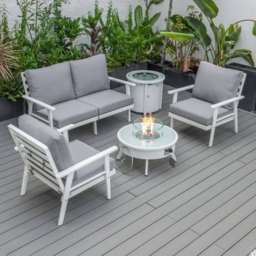 LeisureMod Walbrooke Modern Aluminum 5-Piece Patio Conversation Set with Outdoor Round Firepit Side Table Tank Holder, Grey
