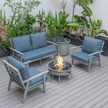 LeisureMod Walbrooke Modern Aluminum 5-Piece Patio Conversation Set with Outdoor Round Firepit Side Table Tank Holder, Navy Blue