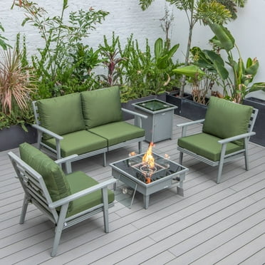 LeisureMod Walbrooke Modern Aluminum 5-Piece Patio Conversation Set with Outdoor Square Fire Pit Side Table Tank Holder, Green