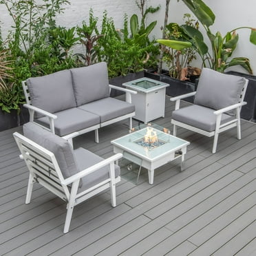 LeisureMod Walbrooke Modern Aluminum 5-Piece Patio Conversation Set with Outdoor Square Fire Pit Table & Side Table Tank Holder (Grey)