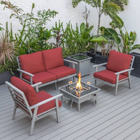 LeisureMod Walbrooke Modern Aluminum 5-Piece Patio Conversation Set with Outdoor Square Fire Pit Table & Side Table Tank Holder (Red)