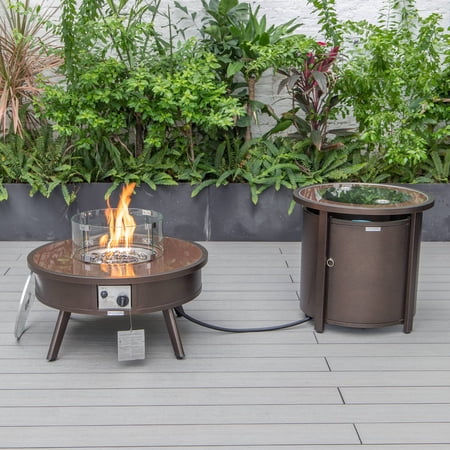 LeisureMod Walbrooke Modern Round Fire Pit Table and Tank Holder with Powder Coated Aluminum for Patio and Backyard Garden (Brown)