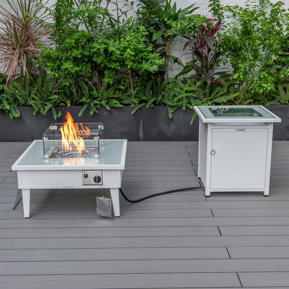 LeisureMod Walbrooke Modern Square Fire Pit Table and Tank Holder with Powder Coated Aluminum for Patio and Backyard Garden (White)