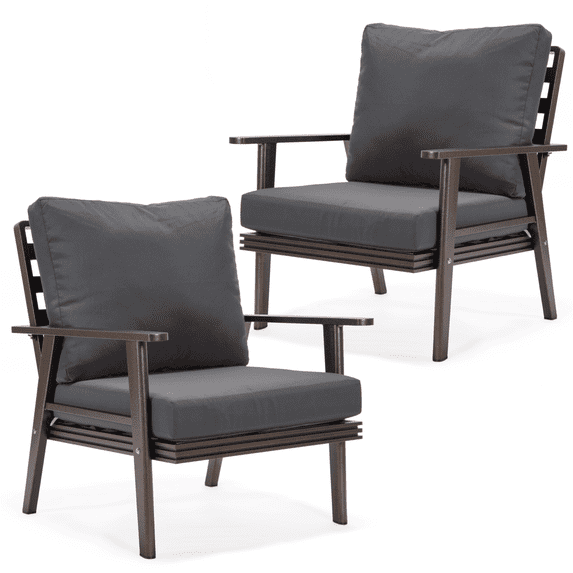 LeisureMod Walbrooke Mid-Century Modern Outdoor Armchair with Brown Powder Coated Aluminum Frame and Removable Cushions for Patio, Balcony, and Backyard, Set of 2, Charcoal