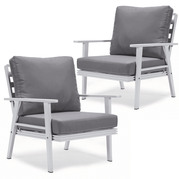 LeisureMod Walbrooke Mid-Century Modern Outdoor Armchair with White Powder Coated Aluminum Frame and Removable Cushions for Patio, Balcony, and Backyard, Set of 2, Grey