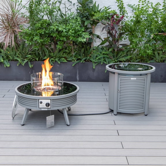 LeisureMod WGRS-29-24-GL 20 x 29 x 29 in. Walbrooke Patio Round Fire Pit & Tank Holder with Slats Design, Grey