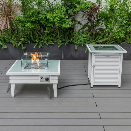 LeisureMod WWS-27-20-GL 20 x 26.8 x 26.8 in. Walbrooke Patio Square Fire Pit & Tank Holder with Slats Design, White