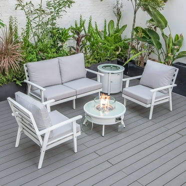 LeisureMod Walbrooke Modern Aluminum 5-Piece Patio Conversation Set with Outdoor Round Fire Pit Slats Design & Side Table Tank Holder, Light Grey