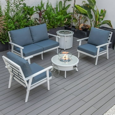 LeisureMod Walbrooke Modern Aluminum 5-Piece Patio Conversation Set with Outdoor Round Fire Pit Slats Design & Side Table Tank Holder, Navy Blue
