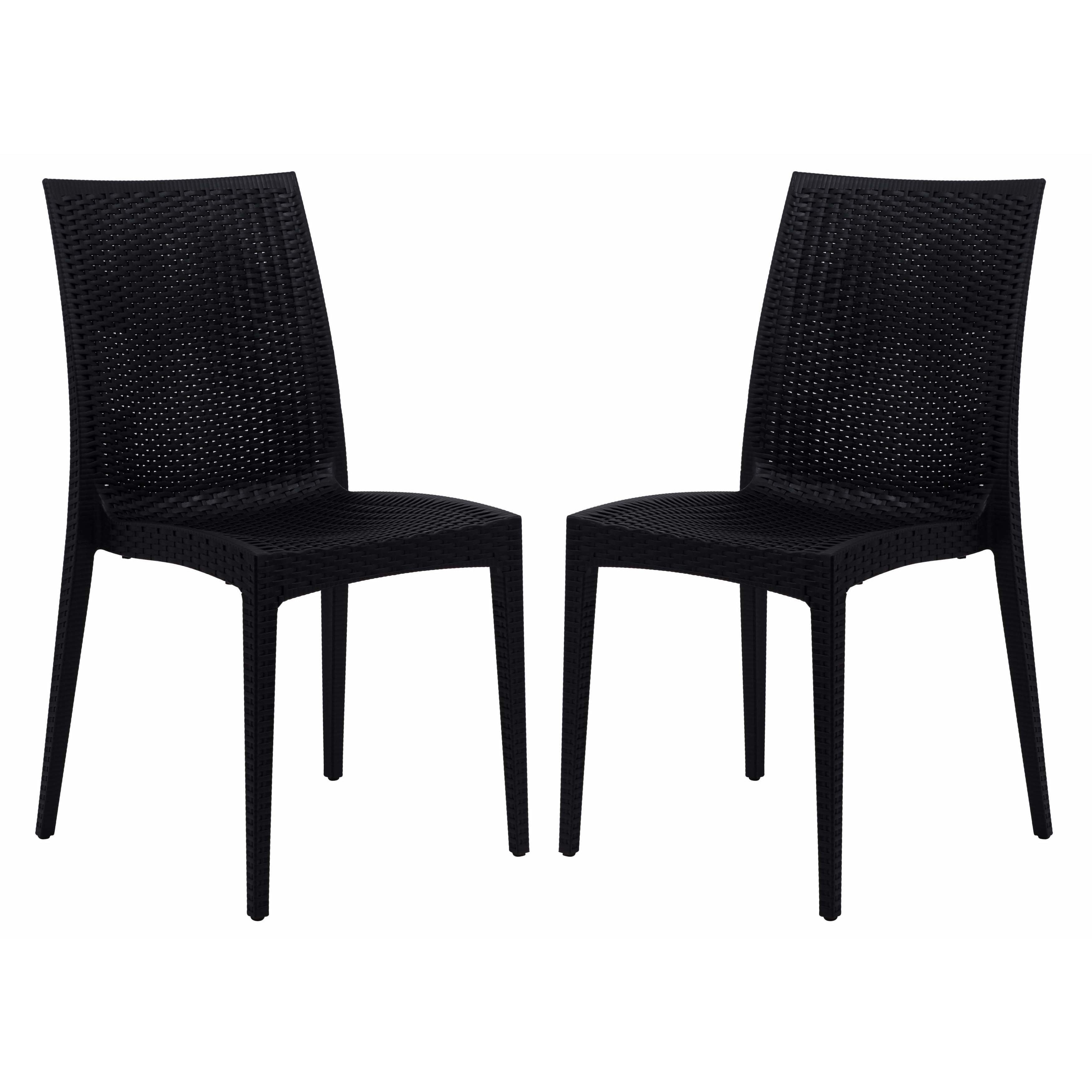 LeisureMod Weave Mace Set of 2 Indoor Outdoor Dining Chairs in Black ...