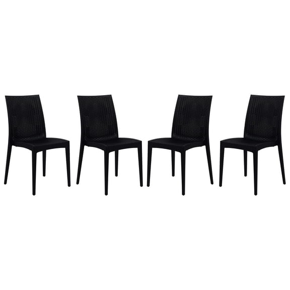 LeisureMod Weave Mace Set of 4 Indoor Outdoor Dining Chairs in Black - Modern Woven Design for Patio, Garden, and Dining Room