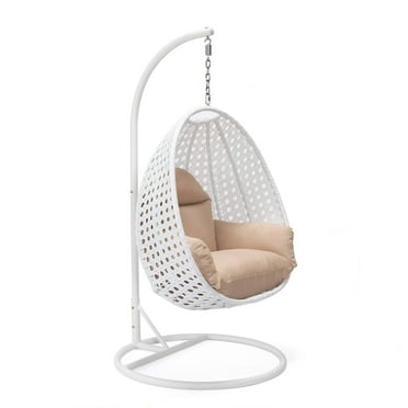 LeisureMod White Wicker Hanging Egg Chair with Stand and Cushion, Indoor Outdoor Swing for Patio, Bedroom, Garden (Beige)