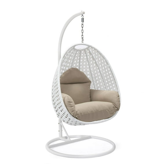 LeisureMod White Wicker Hanging Egg Chair with Stand and Cushion, Indoor Outdoor Swing for Patio, Bedroom, Garden (Taupe)