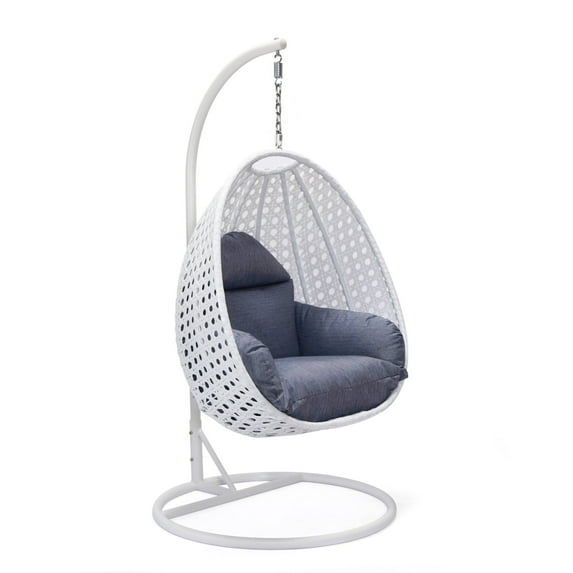 LeisureMod White Wicker Hanging Egg Chair with Stand and Cushion, Indoor Outdoor Swing for Patio, Bedroom, Garden (Charcoal Blue)