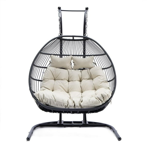 LeisureMod Folding Double Egg Chair Swing Rattan Wicker 2-Seater Porch Swing with Stand for Outdoor & Indoor