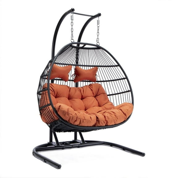 LeisureMod Folding Double Egg Chair Swing Rattan Wicker 2-Seater Porch Swing with Stand for Outdoor & Indoor