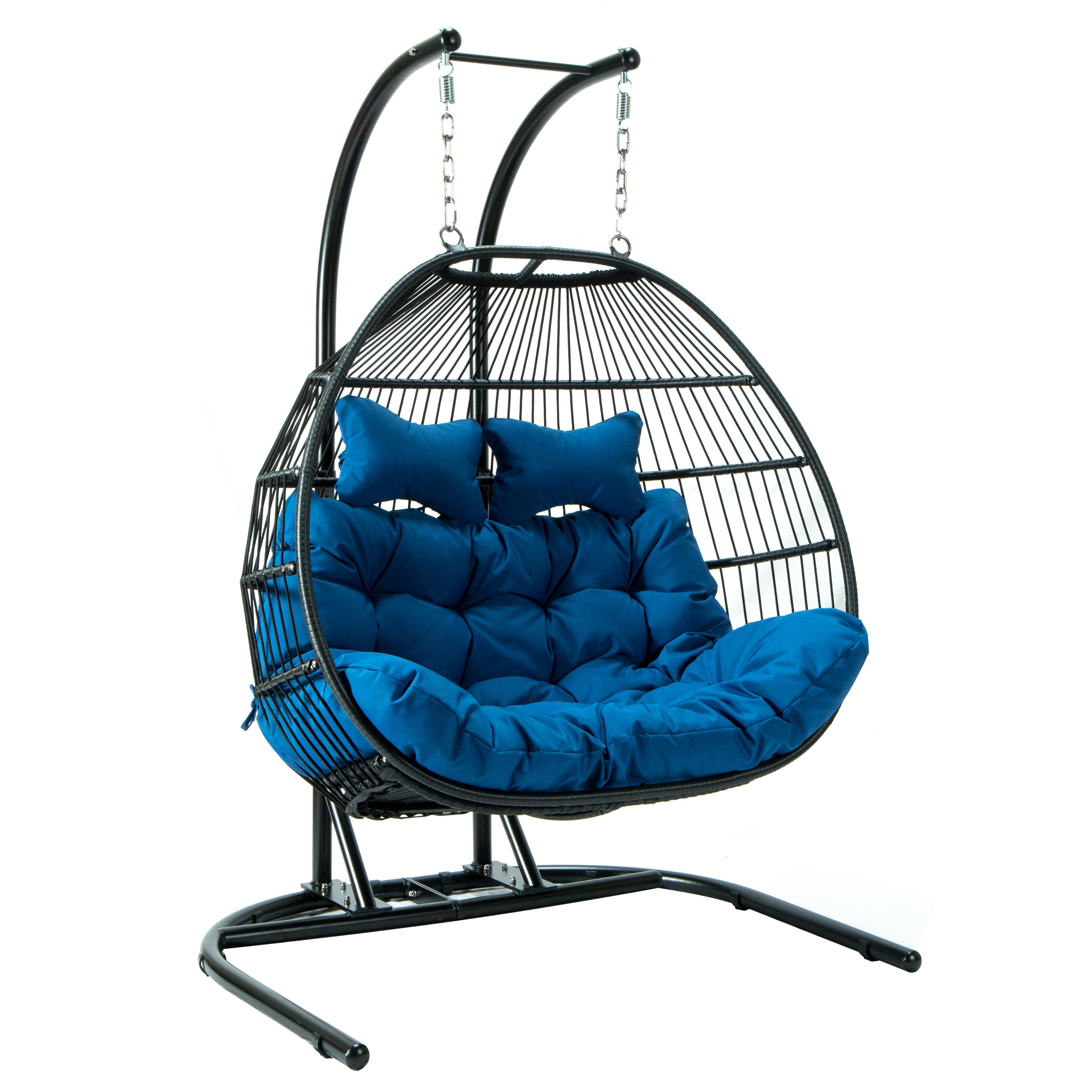 Blue Wicker Double Hanging Egg Chair with Cushions